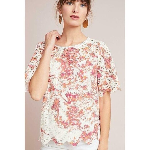 Porridge Tops - Porridge Anthropologie XS Arber Eyelet Lace Top Floral Birds Boho Festival